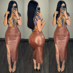 Yaya Brown Faux Leather Midi Skirt